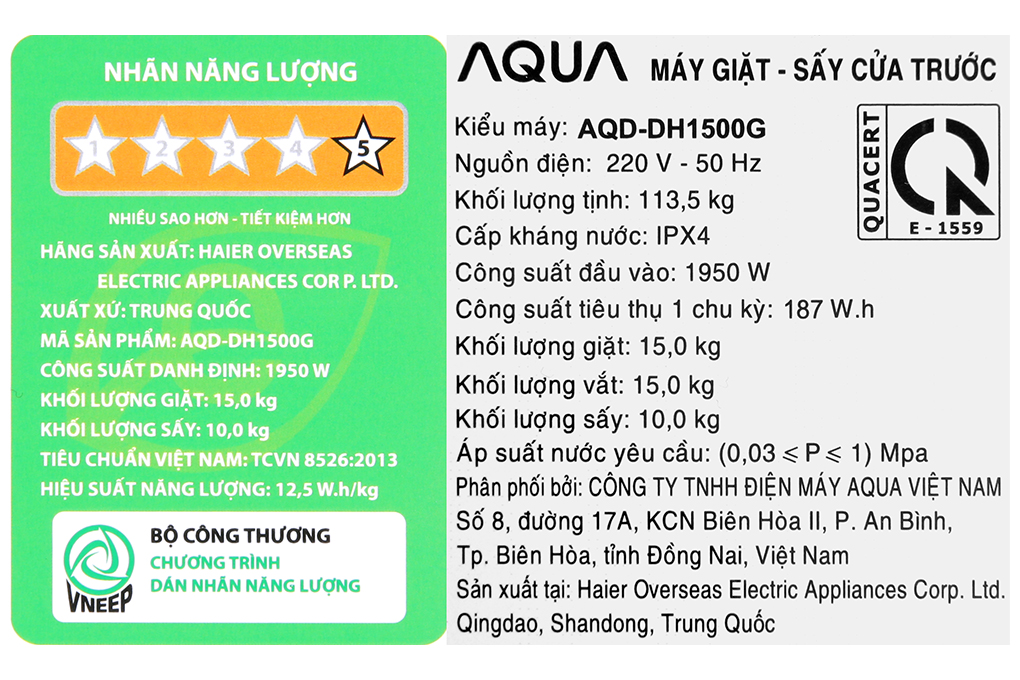 Máy giặt lồng ngang AQua Inverter 15Kg+sấy 10Kg AQD-DH1500G.PP