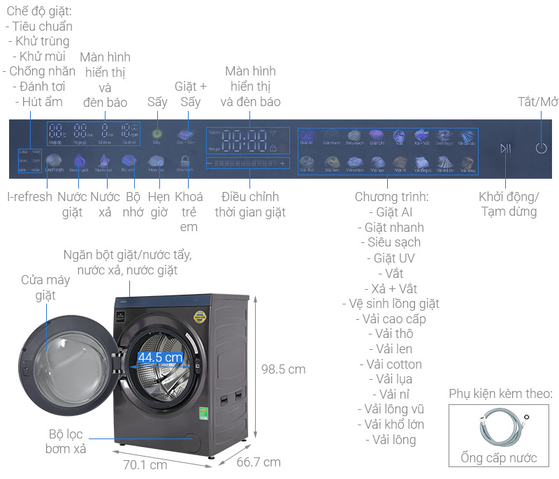 Máy giặt lồng ngang AQua Inverter 15Kg+sấy 10Kg AQD-DH1500G.PP