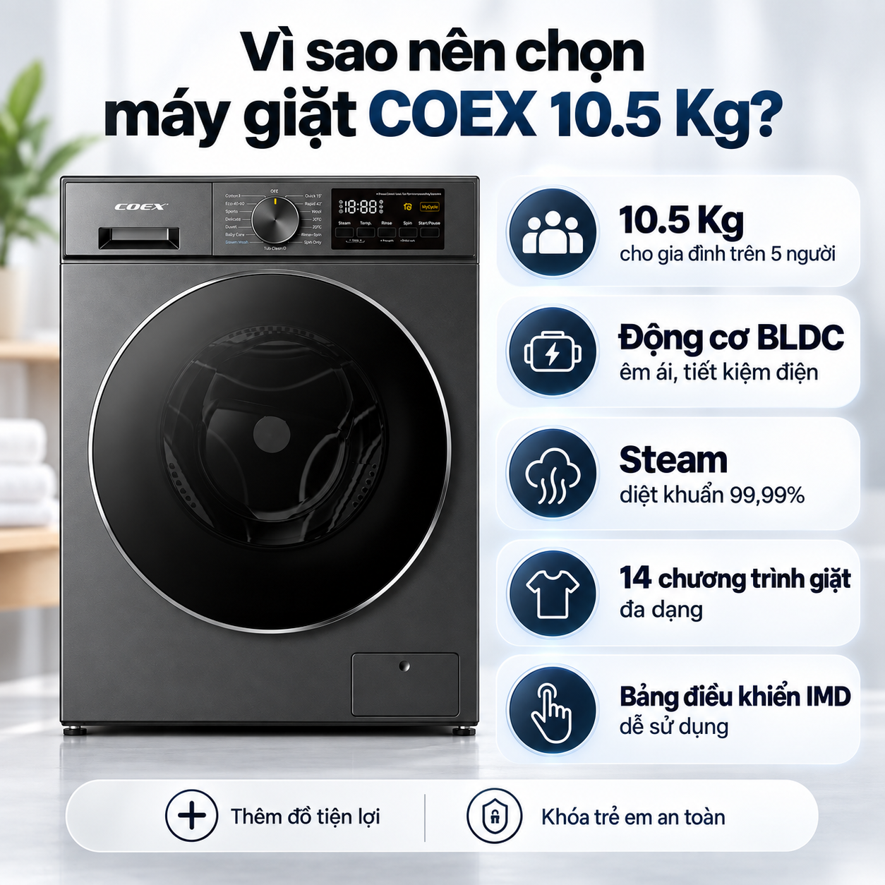 Máy giặt lồng ngang Inverter Coex 10.5 kg FW-11CW1420WG