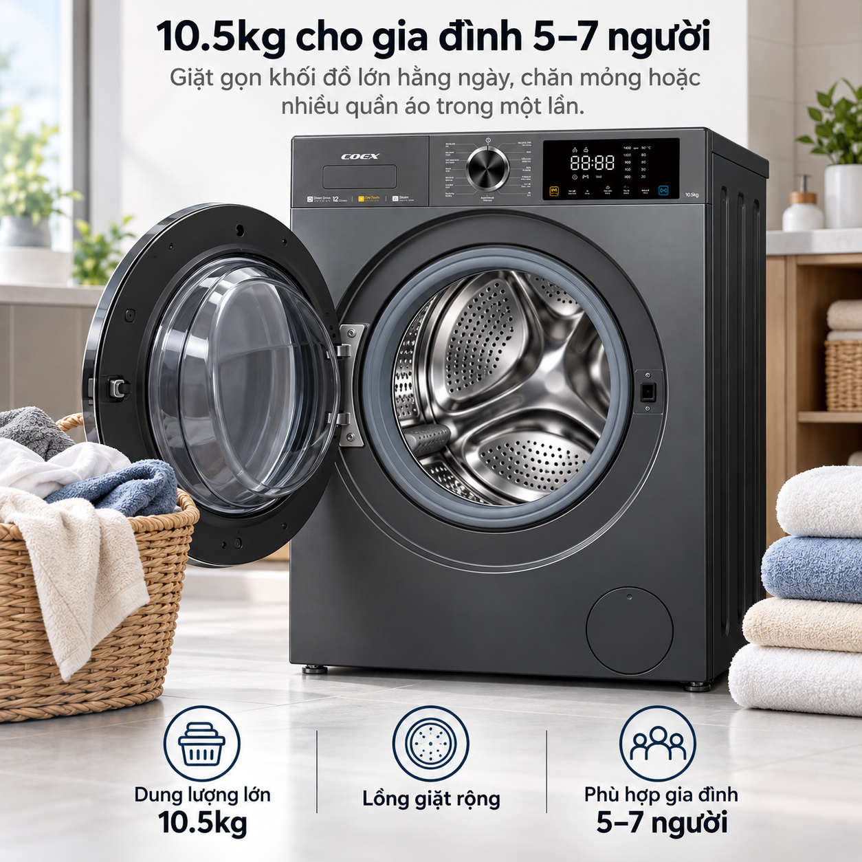 Máy giặt lồng ngang Inverter Coex 10.5kg FW-11CW1420BW
