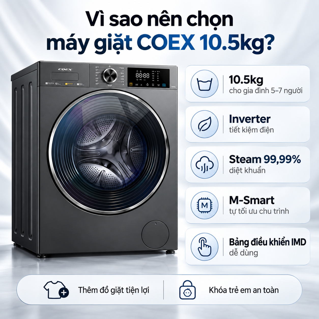 Máy giặt lồng ngang Inverter Coex 10.5kg FW-11CW1420BW