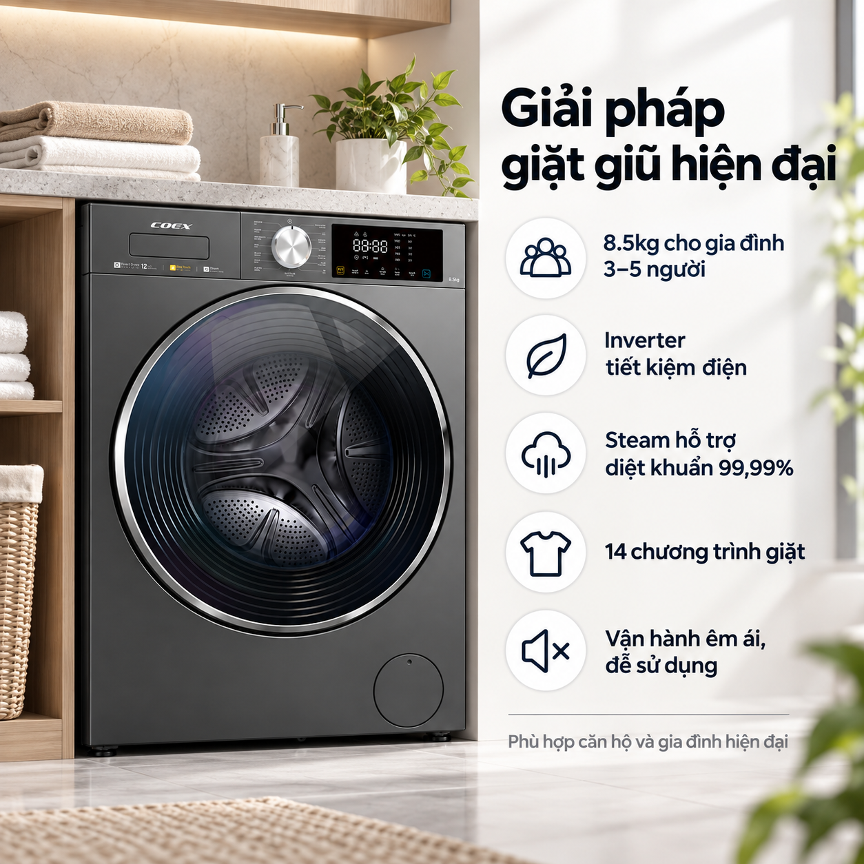 Máy giặt lồng ngang Inverter COEX 8.5 kg FW-11CW1419BW