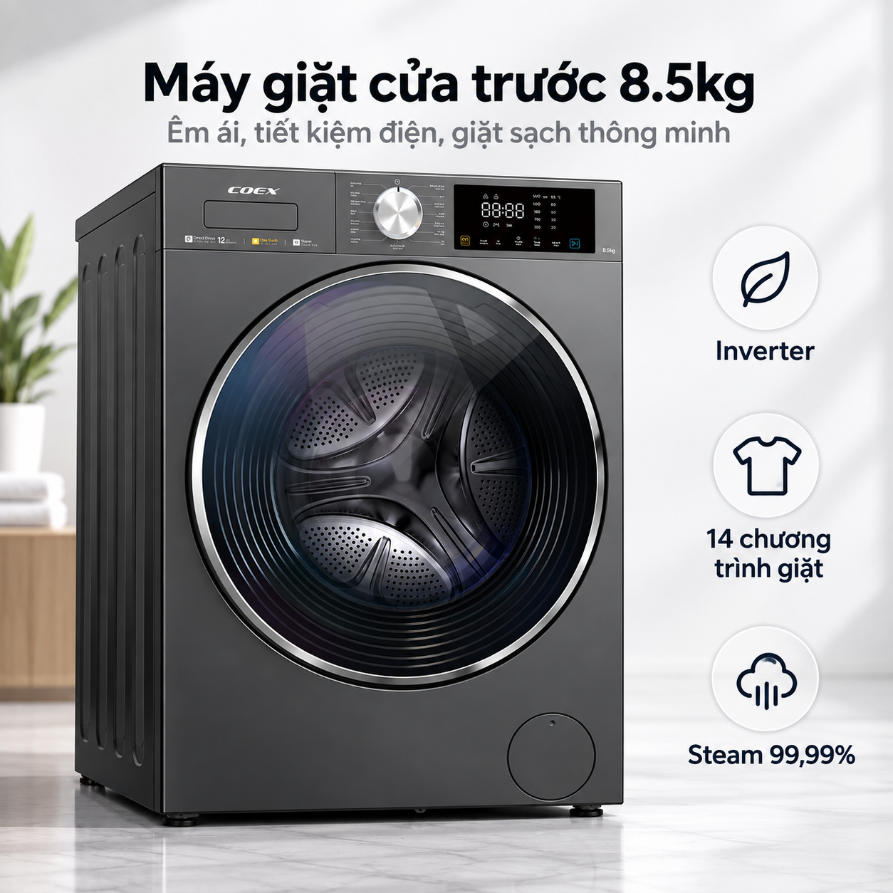Máy giặt lồng ngang Inverter COEX 8.5 kg FW-11CW1419BW