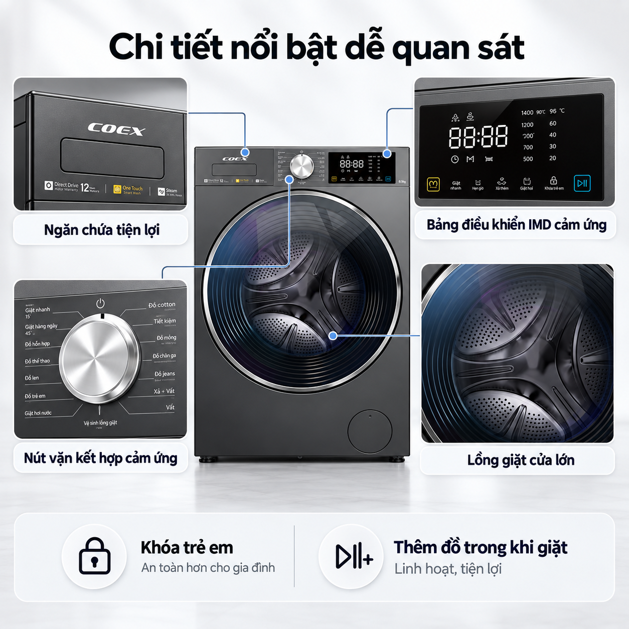 Máy giặt lồng ngang Inverter COEX 8.5 kg FW-11CW1419BW