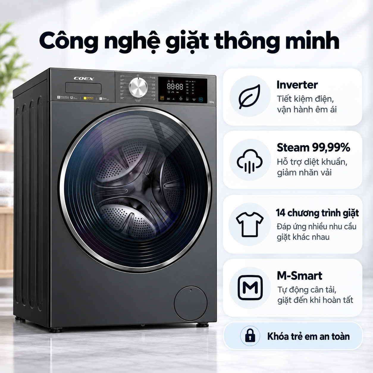 Máy giặt lồng ngang Inverter COEX 8.5 kg FW-11CW1419BW
