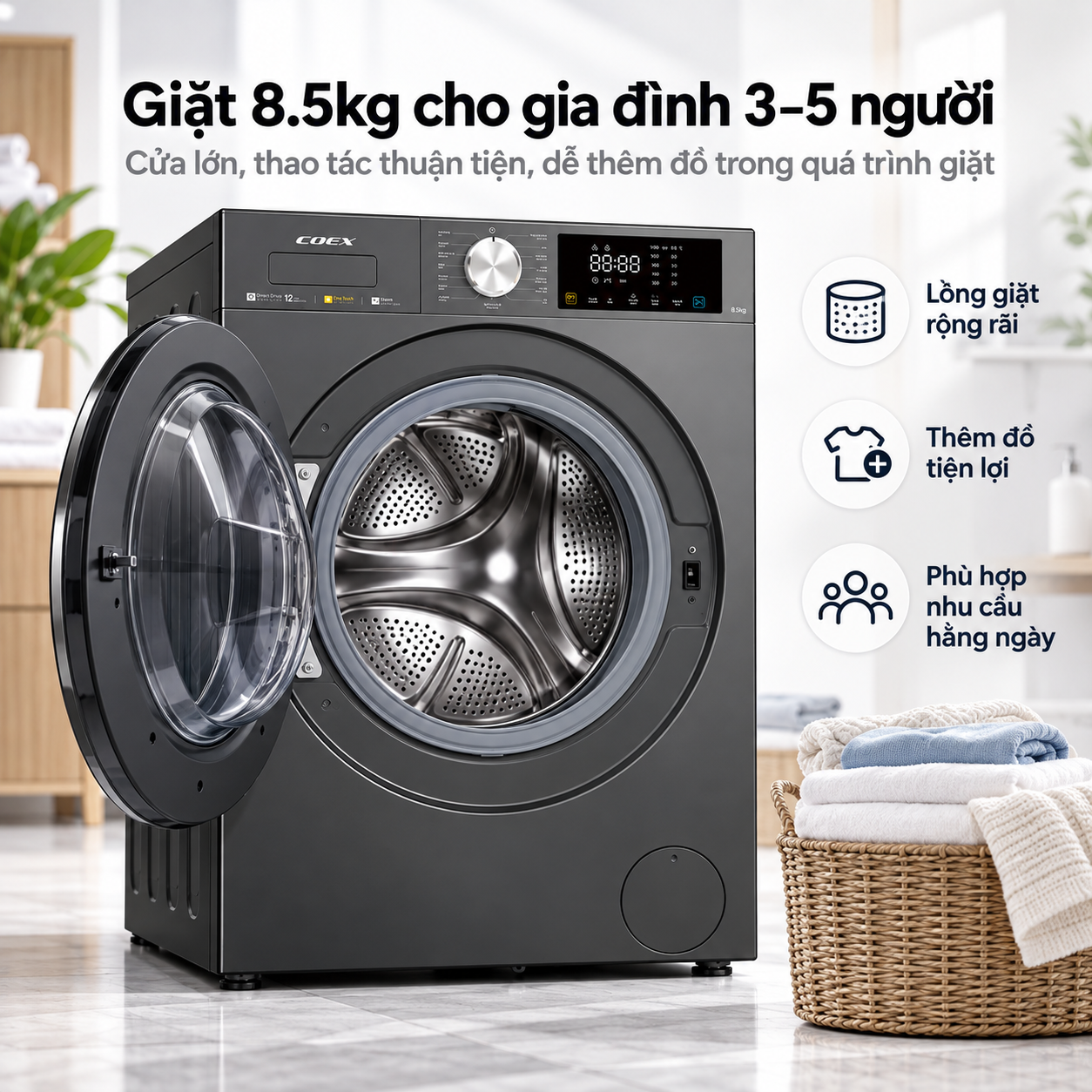 Máy giặt lồng ngang Inverter COEX 8.5 kg FW-11CW1419BW