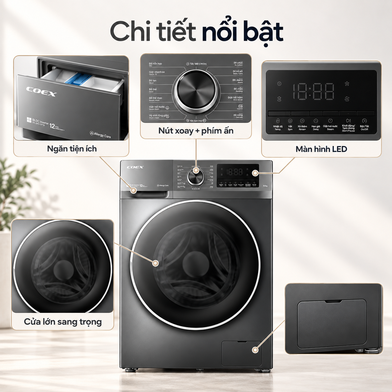Máy giặt lồng ngang Inverter Coex 9.5 kg FW-95CW1409ISG-11