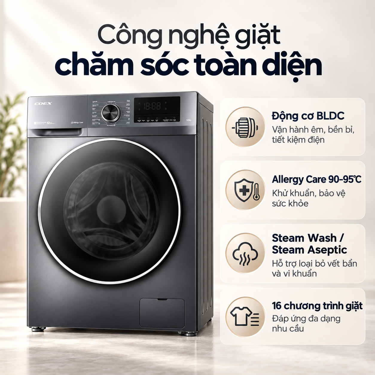 Máy giặt lồng ngang Inverter Coex 9.5 kg FW-95CW1409ISG-11