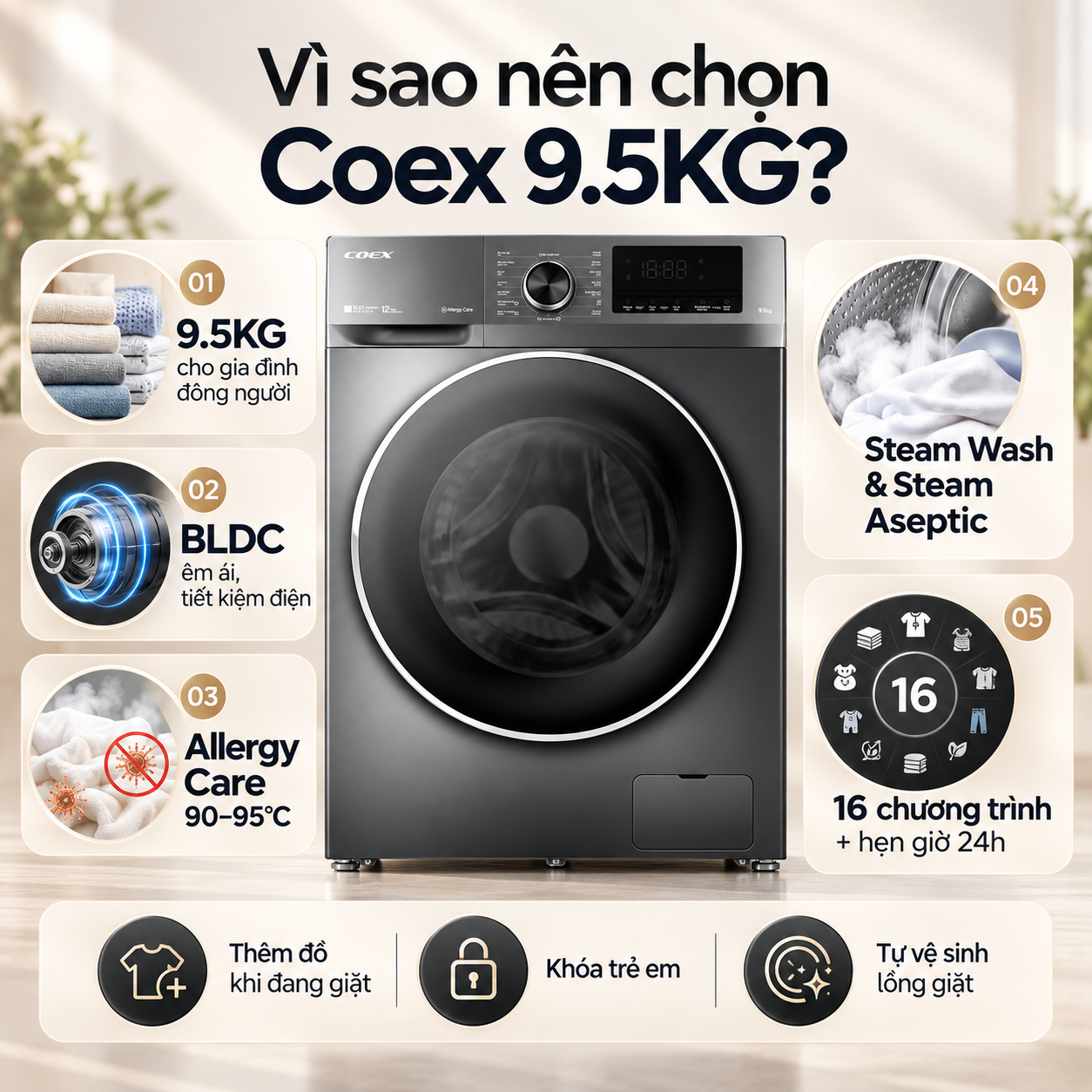 Máy giặt lồng ngang Inverter Coex 9.5 kg FW-95CW1409ISG-11