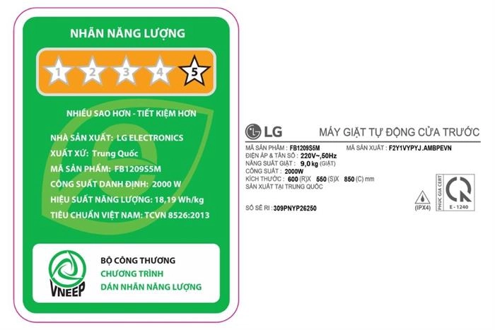 Máy giặt lồng ngang LG Inverter 9Kg FB1209S5M