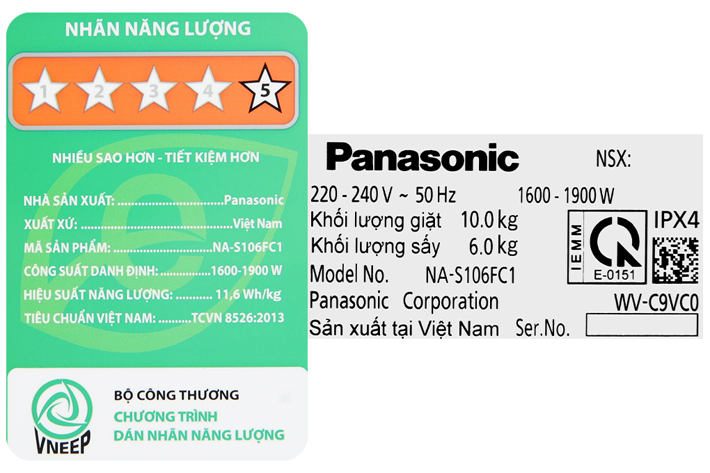 Máy giặt lồng ngang Panasonic Inverter 10Kg+sấy 6Kg NA-S106FC1LV