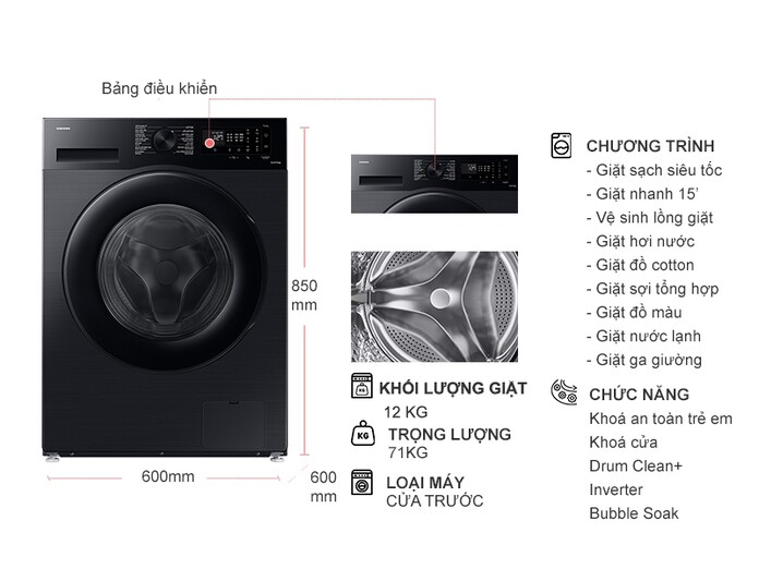 Máy giặt lồng ngang Samsung Inverter 12Kg WW12CGC04DABSV
