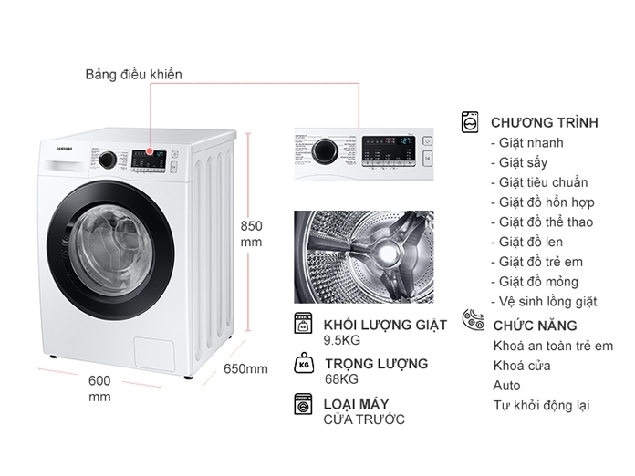 Máy giặt lồng ngang Samsung Inverter 9.5Kg+sấy 6Kg WD95T4046CE/SV