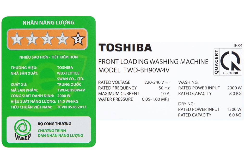 Máy giặt lồng ngang Toshiba Inverter 8Kg+sấy 8Kg TWD-BH90W4V(SK)