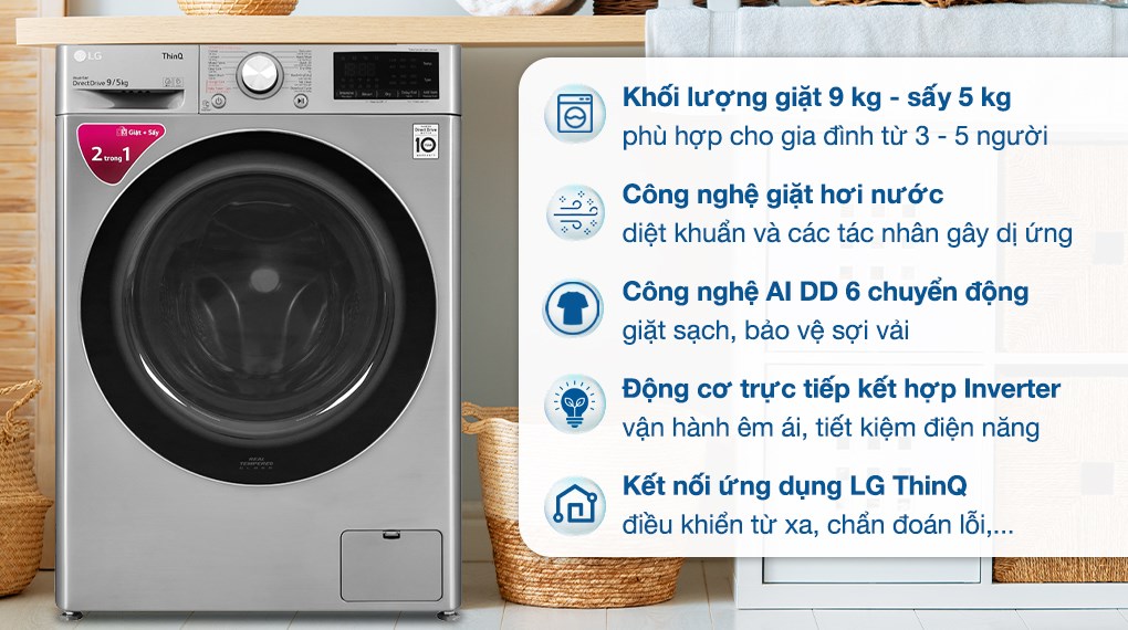 Máy giặt thông minh LG AI DD 9kg+ sấy 5kg FV1409G4V