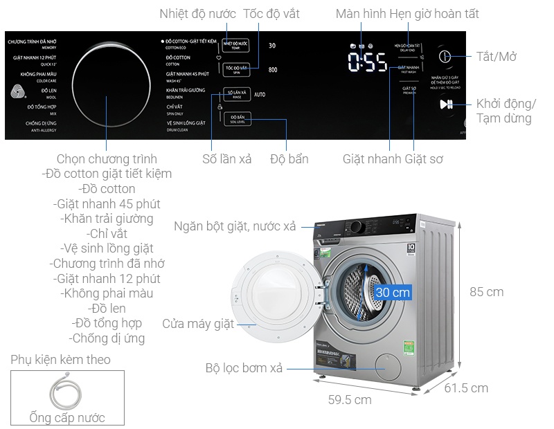 Máy giặt lồng ngang Toshiba Inverter 8,5kg TW-BH95M4V(SK)