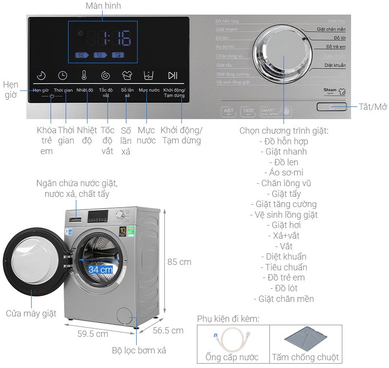 Máy giặt lồng ngang Aqua Inverter 9Kg AQD-D900F.S