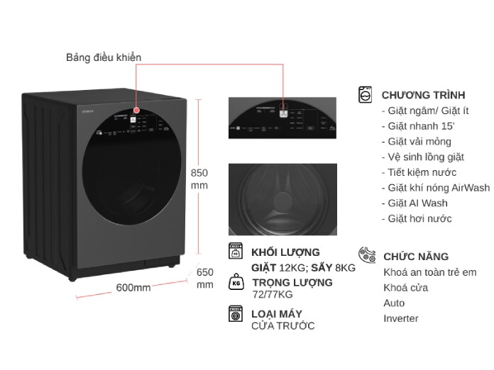 Máy giặt lồng ngang Hitachi Inverter 12Kg + sấy 8Kg BD-D120XGV