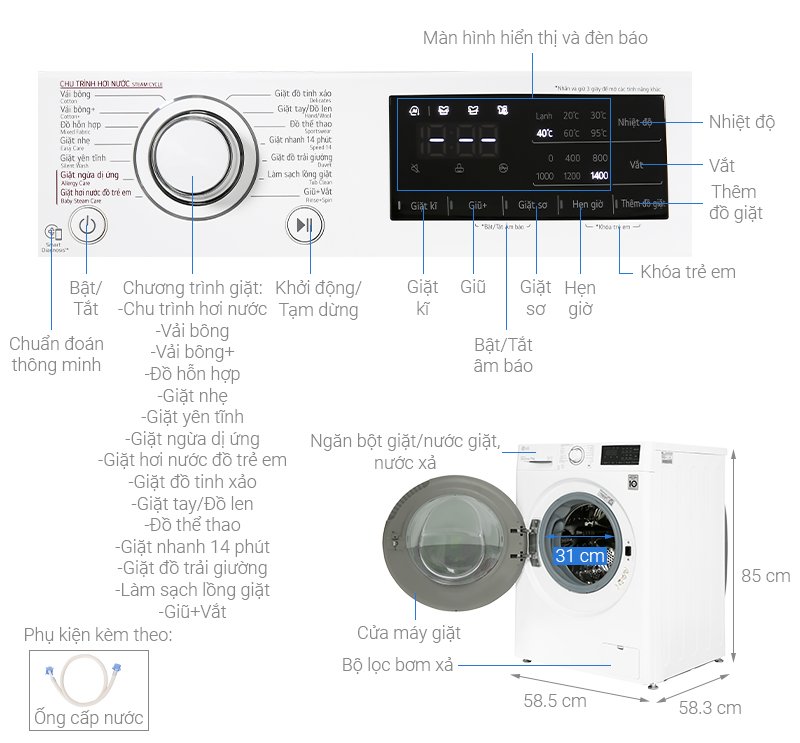 Máy giặt lồng ngang thông minh LG AI DD 11kg FV1411S5W