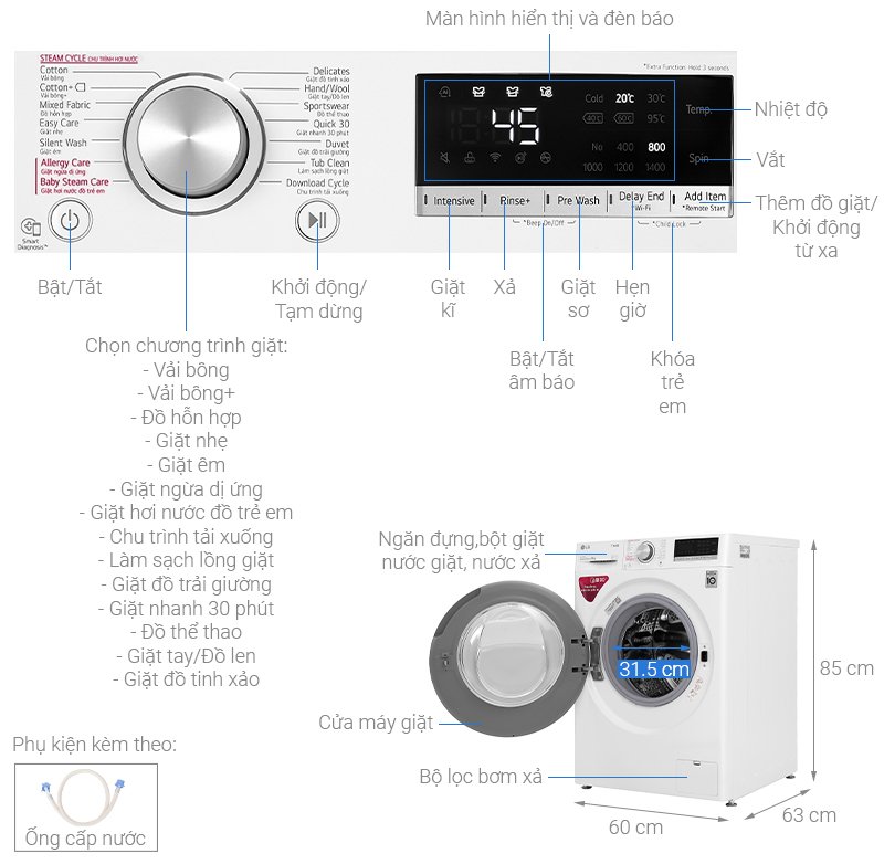 Máy giặt lồng ngang thông minh LG AI DD 9kg FV1409S4W