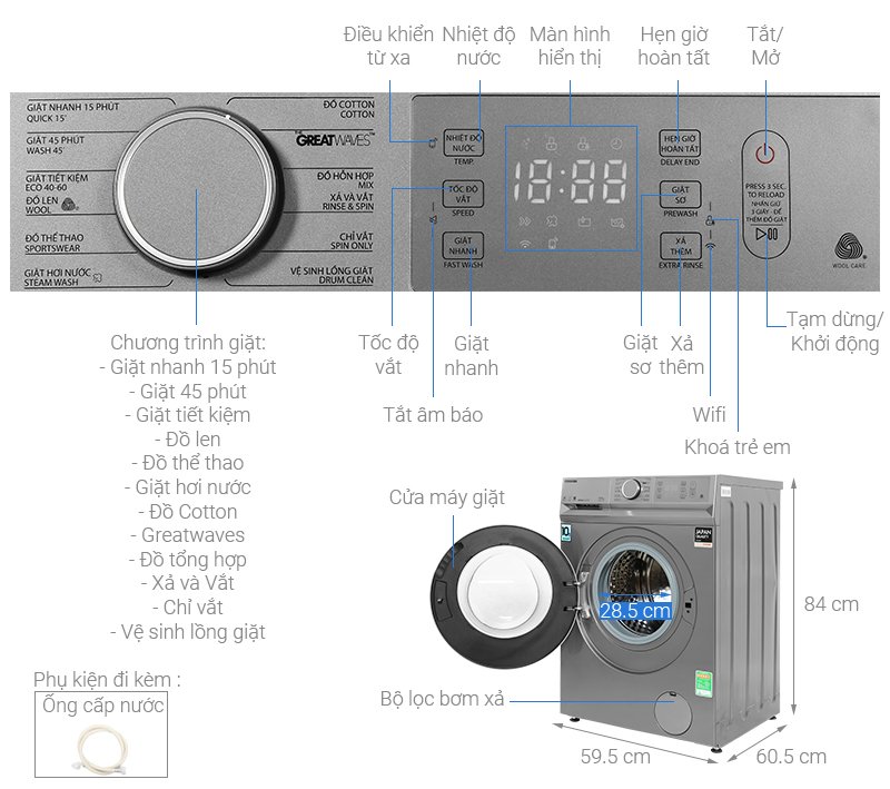 Máy giặt lồng ngang Toshiba Inverter 10,5Kg TW-BL115A2V(SS)