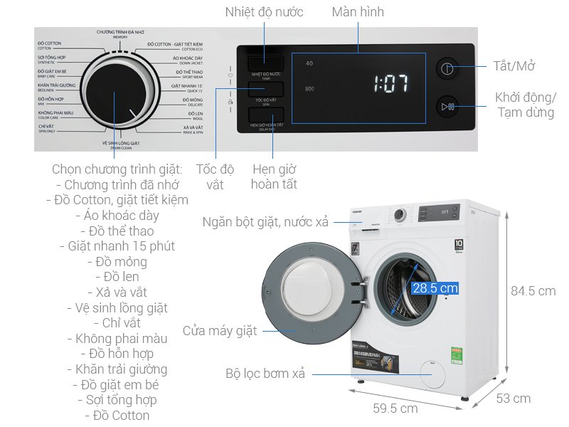 Máy giặt lồng ngang Toshiba Inverter 7,5Kg TW-BK85S2V(WK)