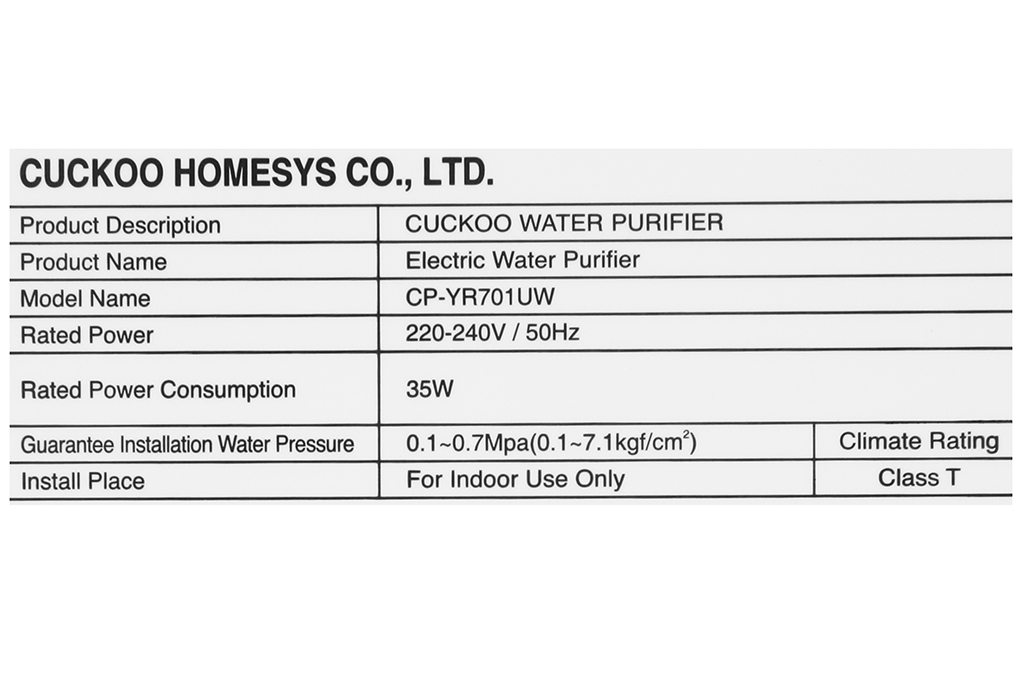 Máy Lọc Nước Cuckoo CP-YR701UW