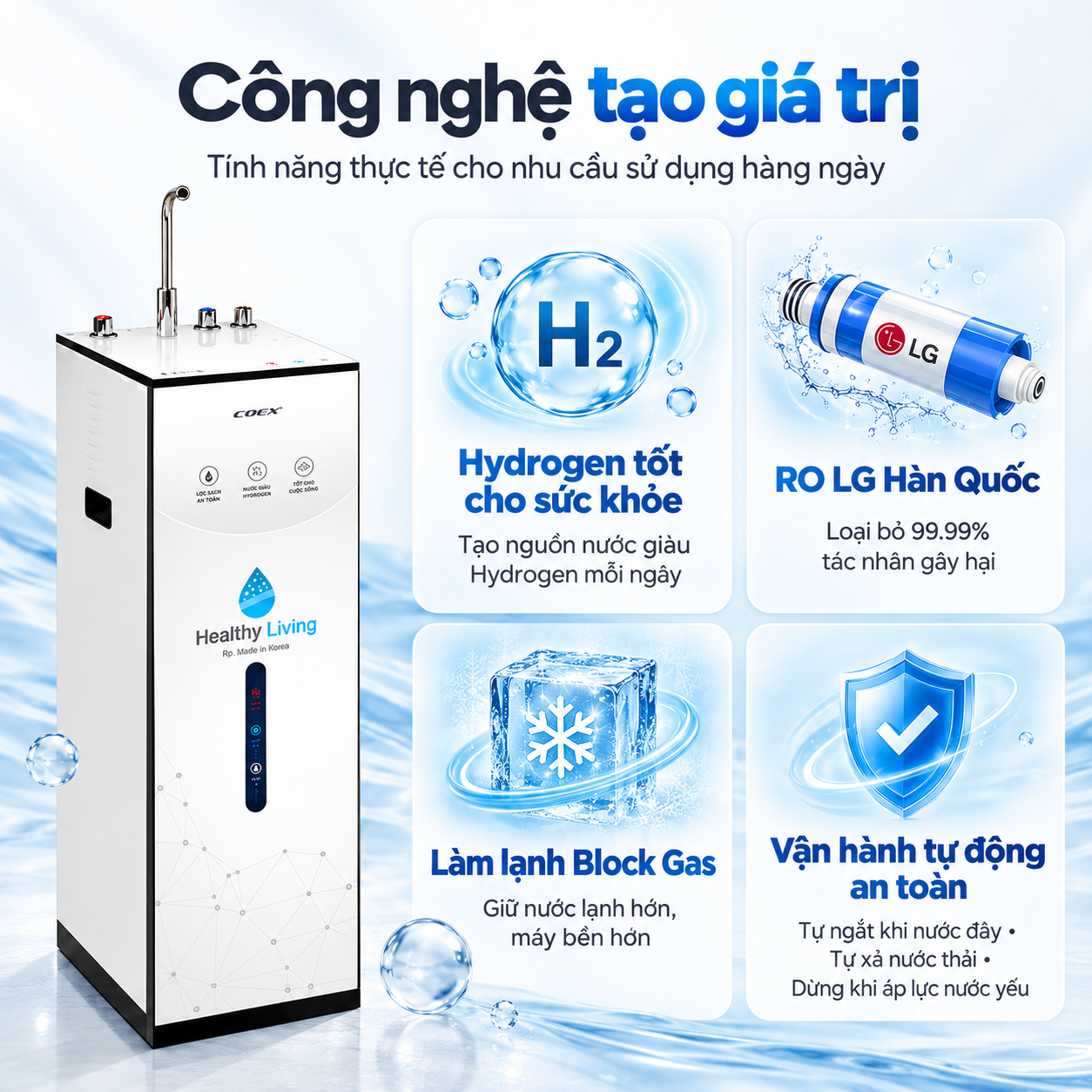 Máy lọc nước nóng lạnh Hydrogen 9 cấp Coex WP-7311H (Slim-White)