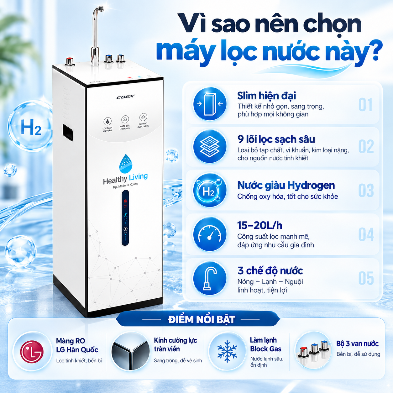 Máy lọc nước nóng lạnh Hydrogen 9 cấp Coex WP-7311H (Slim-White)