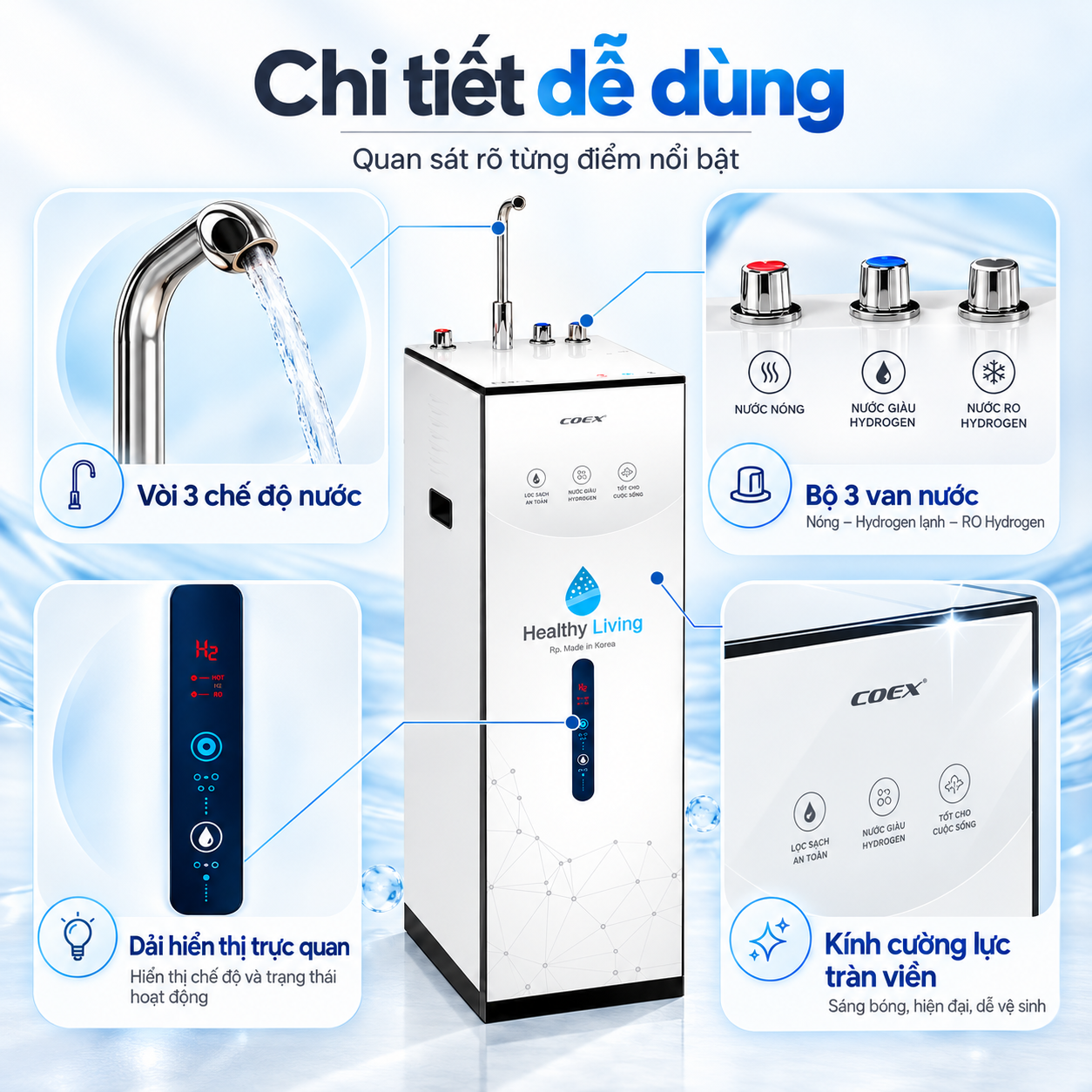 Máy lọc nước nóng lạnh Hydrogen 9 cấp Coex WP-7311H (Slim-White)
