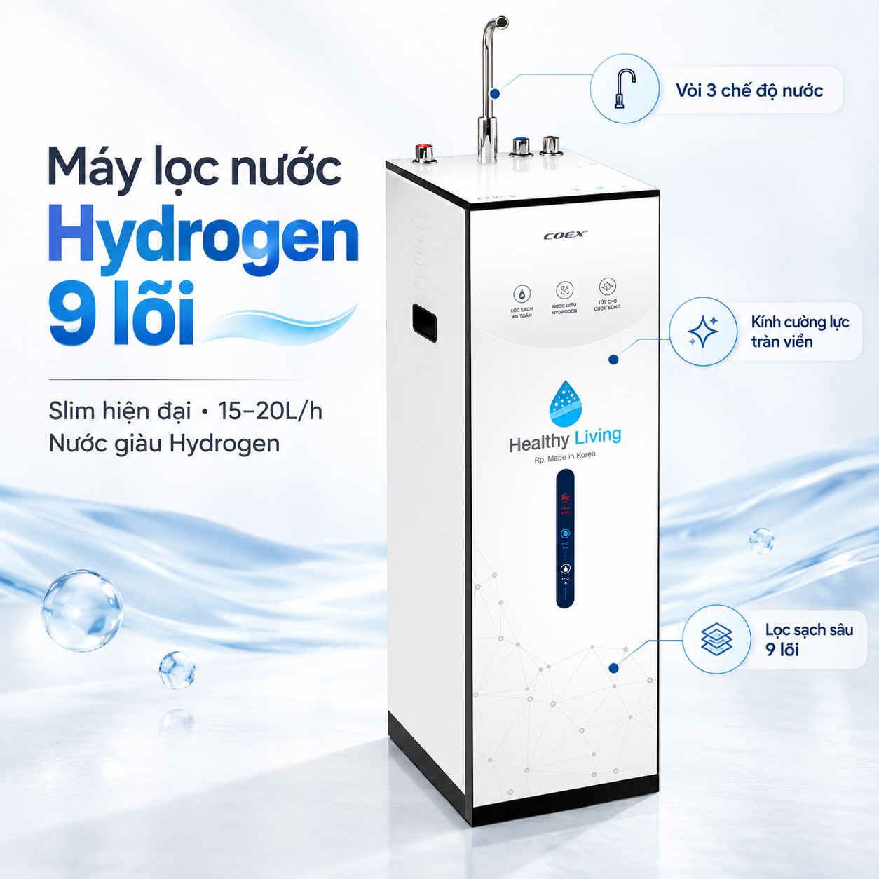 Máy lọc nước nóng lạnh Hydrogen 9 cấp Coex WP-7311H (Slim-White)