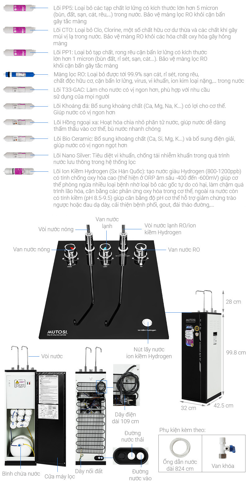 Máy lọc nước nóng lạnh nguội ion kiềm Mutosi Hydrogen 10 cấp MP-S1021H