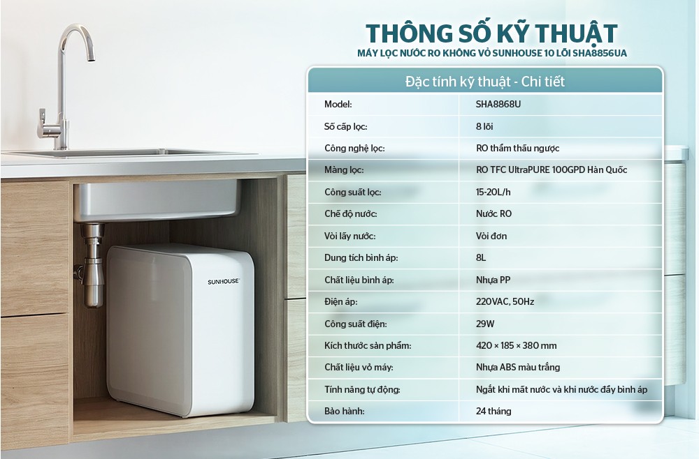 Máy lọc nước RO Sunhouse 8 cấp SHA8868U-để gầm