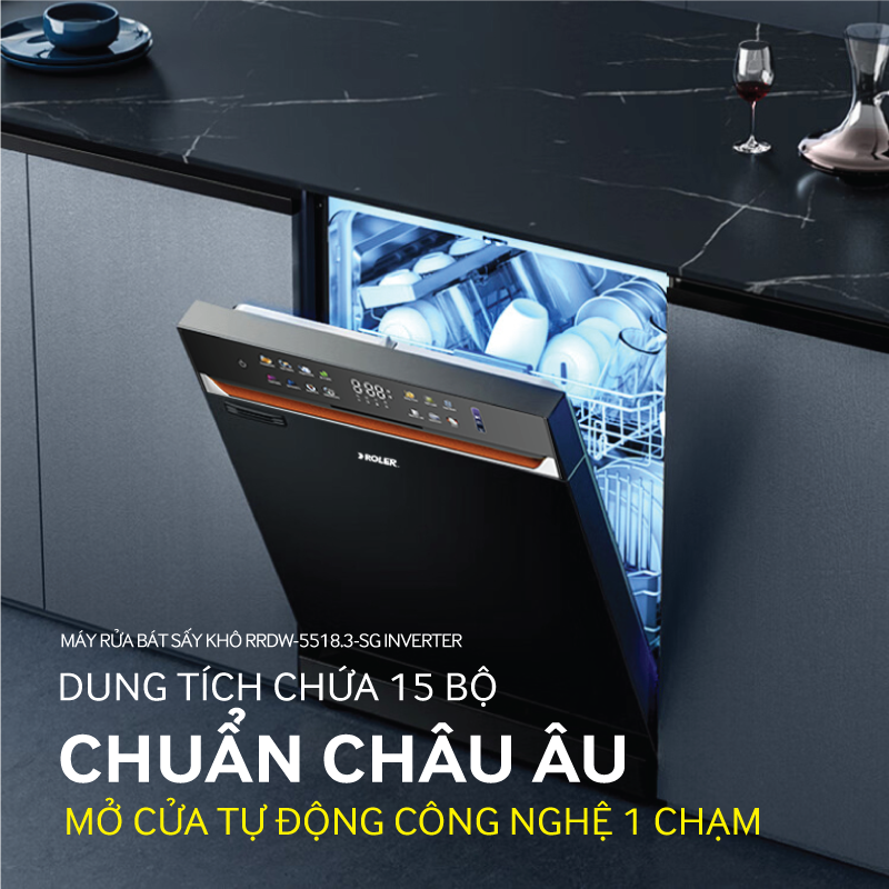 Máy rửa bát sấy khô và mở cửa tự động công nghệ 1 chạm 15 bộ Inverter Roler RDW-5518.3-SG