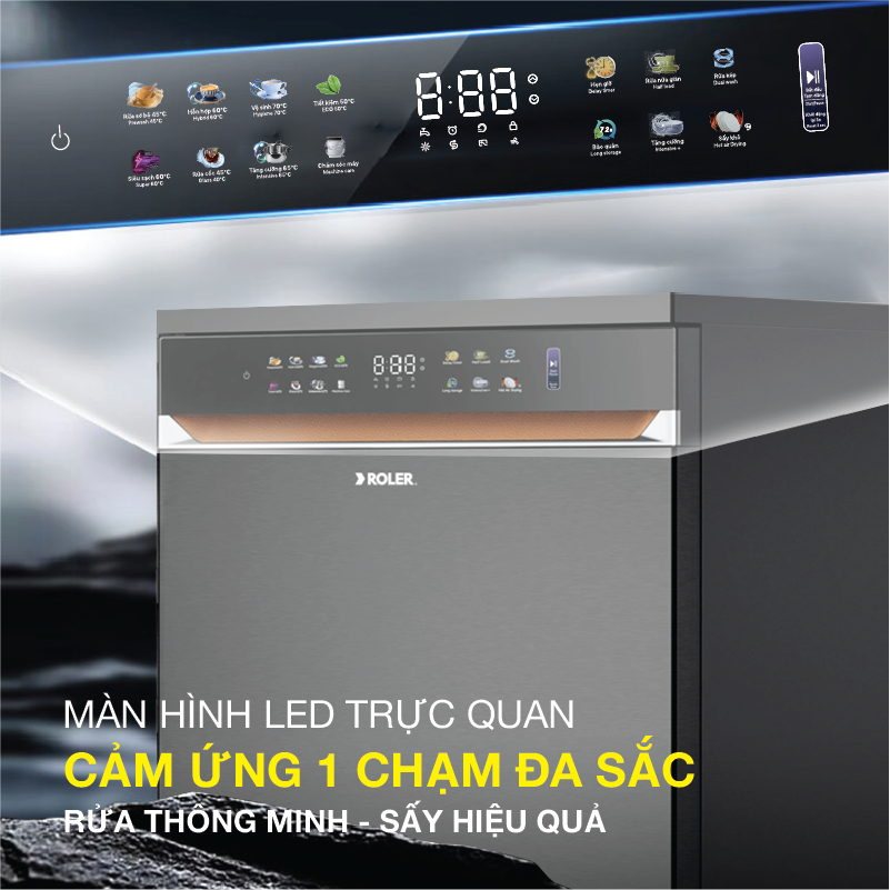 Máy rửa bát sấy khô và mở cửa tự động công nghệ 1 chạm 15 bộ Inverter Roler RDW-5518.3-SG