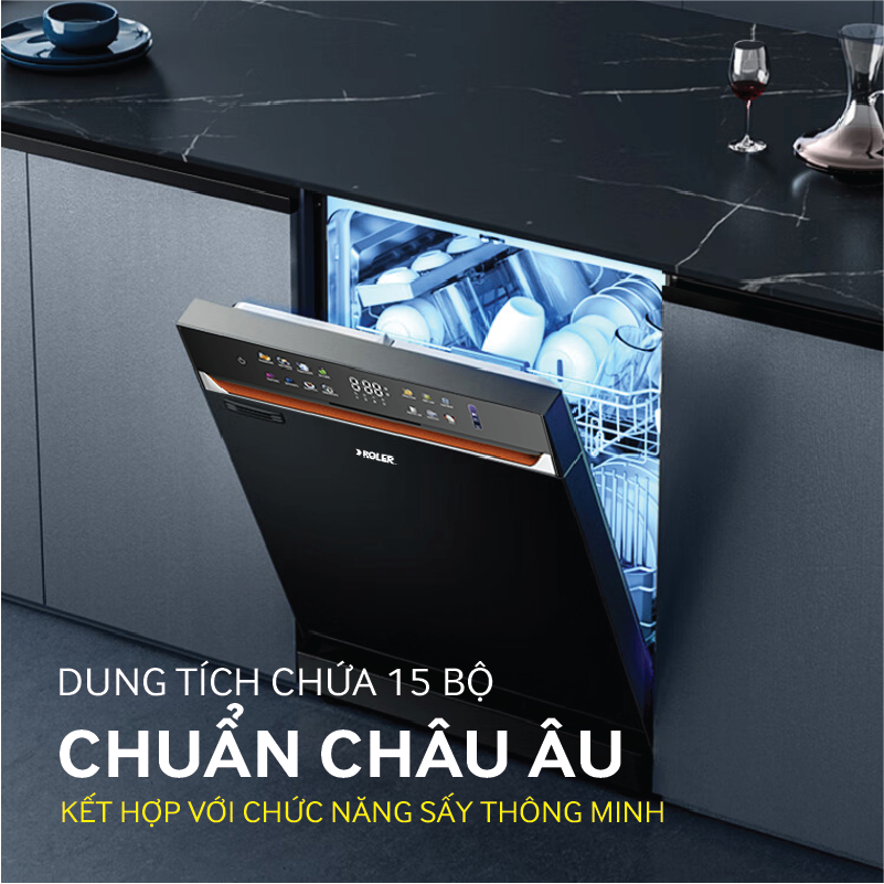 Máy rửa bát sấy khô và mở cửa tự động công nghệ 1 chạm 15 bộ Inverter Roler RDW-5518.3-SG
