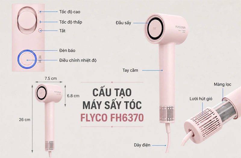 Máy sấy tóc 1600W Flyco FH6370VN Pink