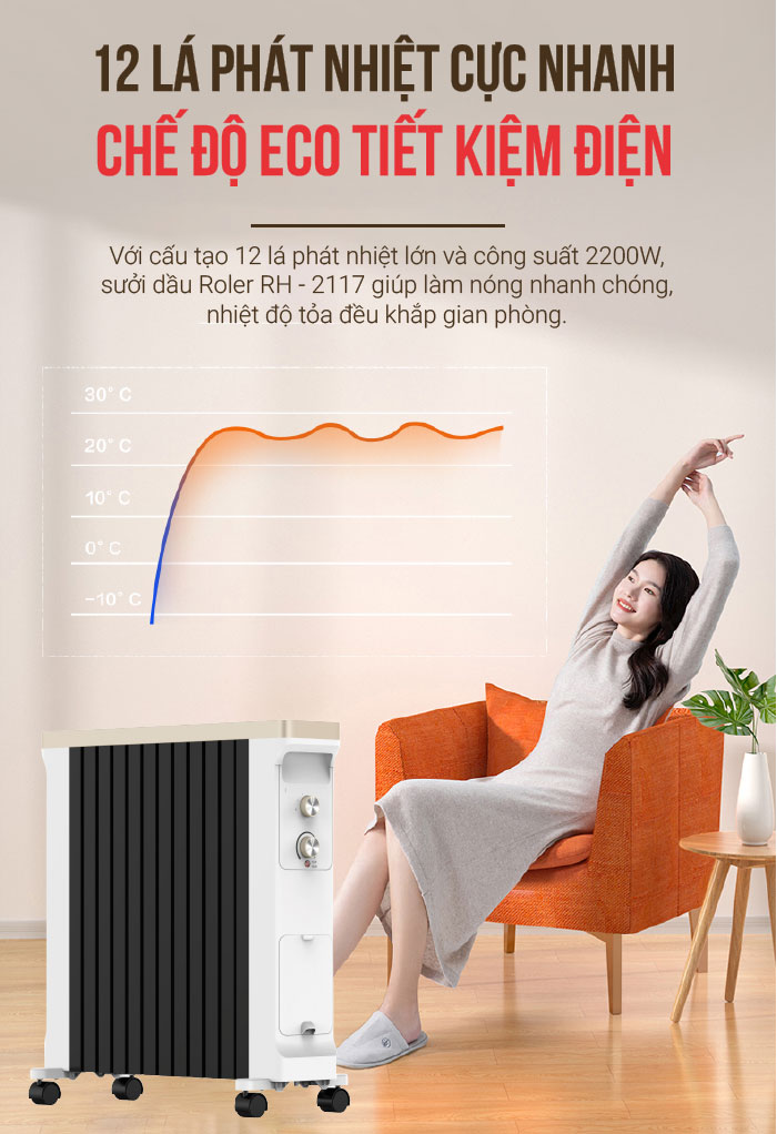Máy sưởi dầu 12 thanh Roler RH-2117 (2200W, Kèm giá phơi và tạo ẩm)