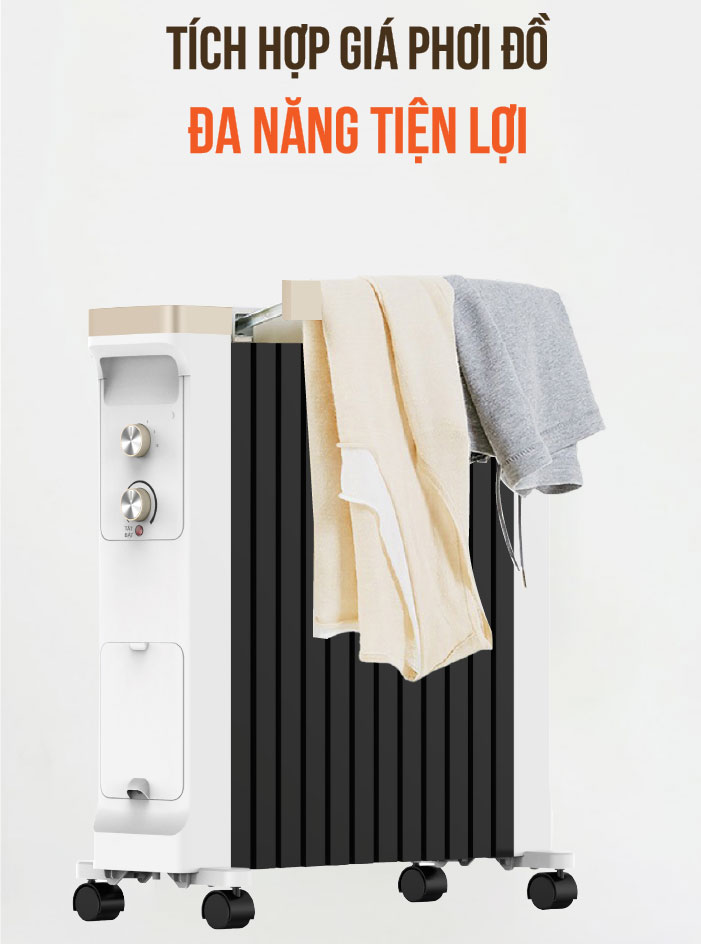 Máy sưởi dầu 12 thanh Roler RH-2117 (2200W, Kèm giá phơi và tạo ẩm)