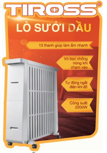 Máy sưởi dầu Tiross TS9216- 13 thanh, màn hình LED, hẹn giờ, giá phơi