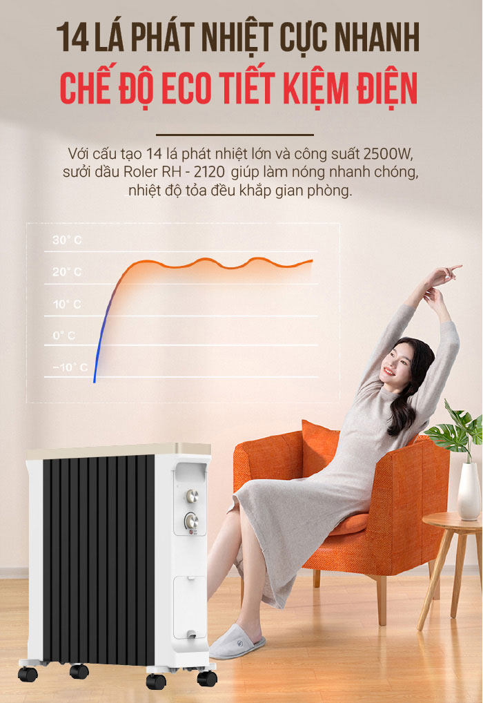 Máy sưởi dầu 14 thanh Roler RH-2120 (2500W, Có giá phơi và tạo ẩm)