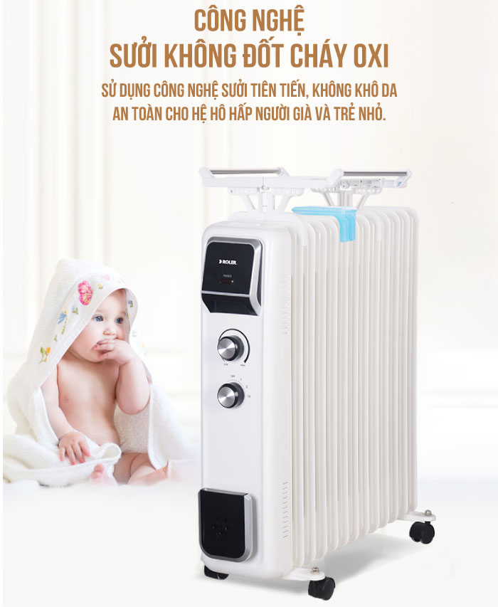 Máy sưởi dầu đa năng 13 thanh Roler RH-2115 (2600W, Có giá phơi và hộp nước tạo ẩm)