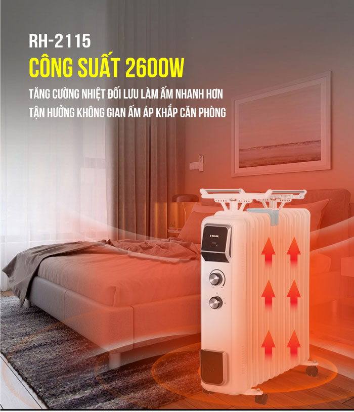 Máy sưởi dầu đa năng 13 thanh Roler RH-2115 (2600W, Có giá phơi và hộp nước tạo ẩm)