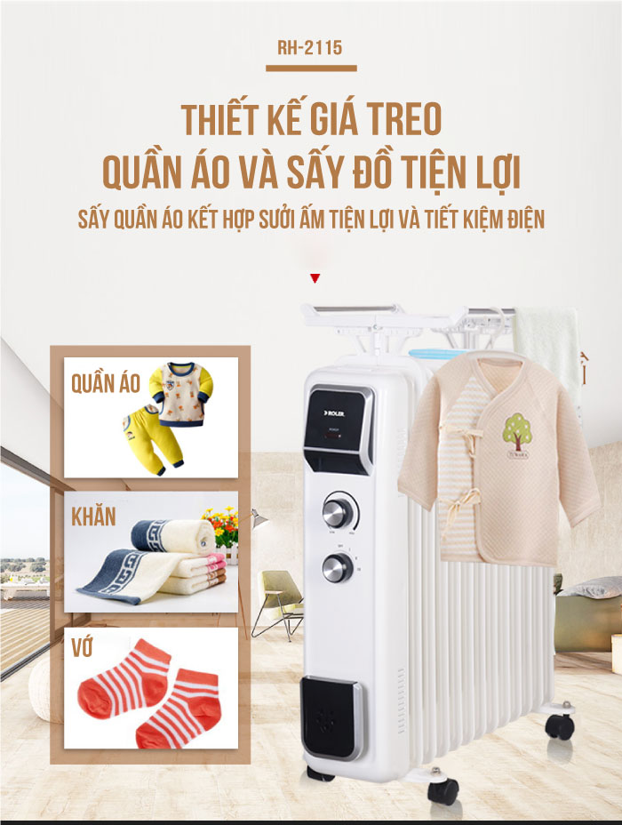 Máy sưởi dầu đa năng 13 thanh Roler RH-2115 (2600W, Có giá phơi và hộp nước tạo ẩm)