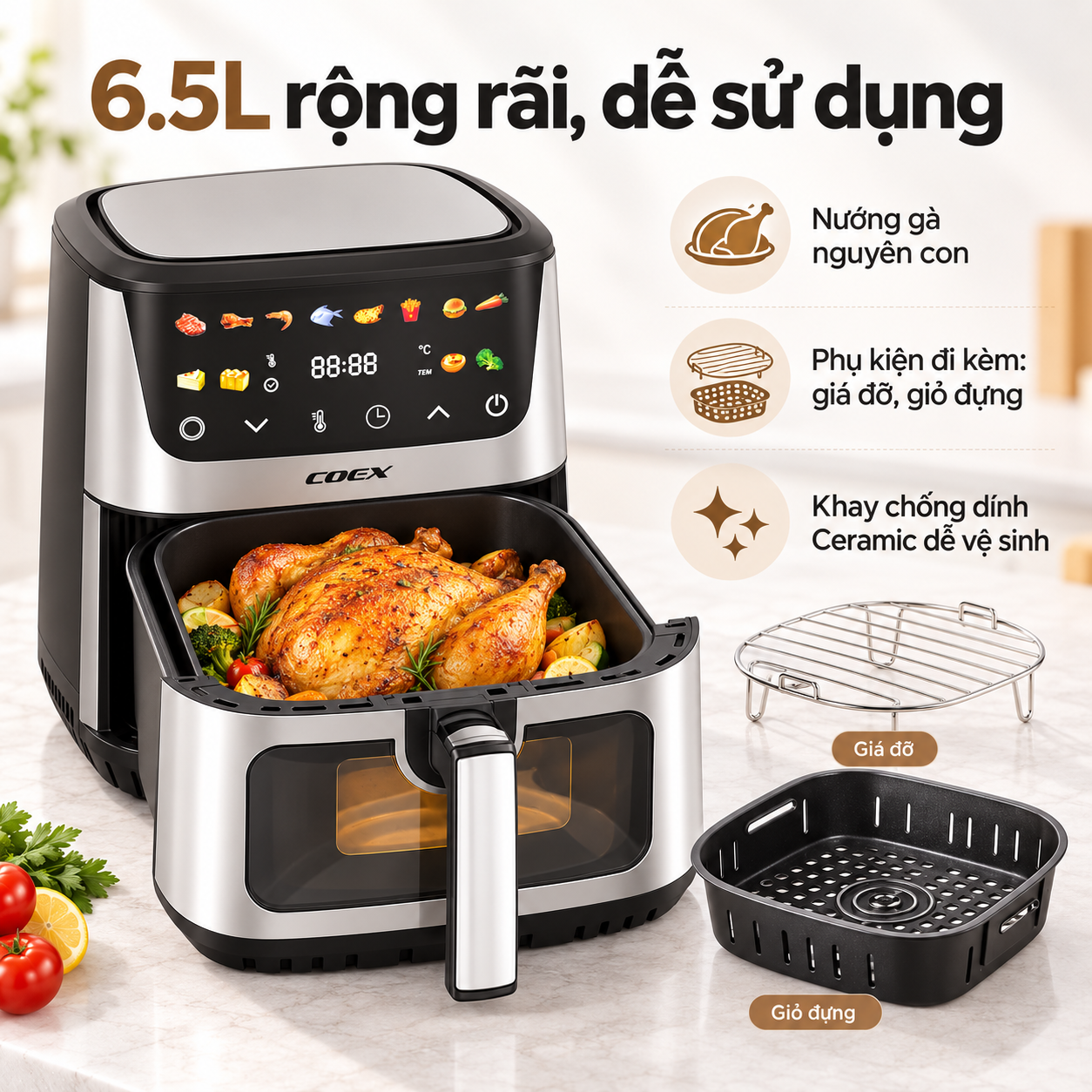 Nồi chiên không dầu điện tử 2 tầng đối lưu Coex 6.5 lít AFC-3130DH