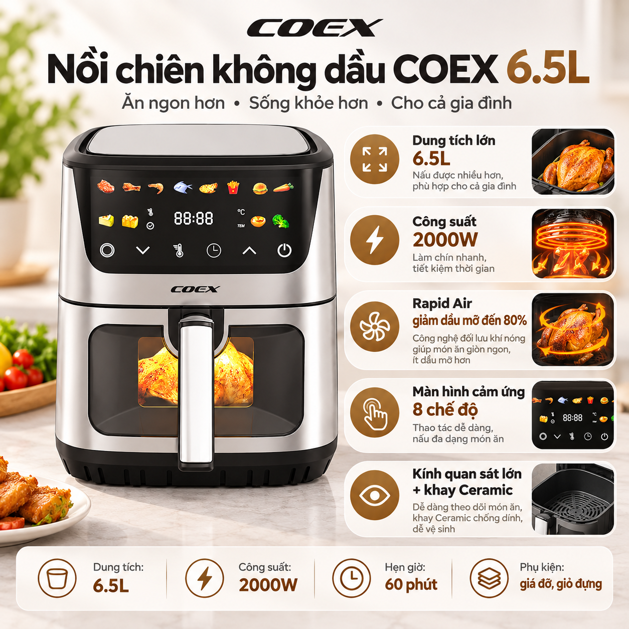 Nồi chiên không dầu điện tử 2 tầng đối lưu Coex 6.5 lít AFC-3130DH