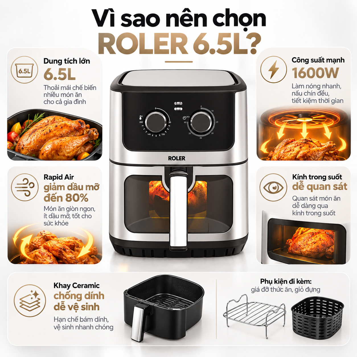 Nồi chiên không dầu Roler 6.5 lít RA-3131