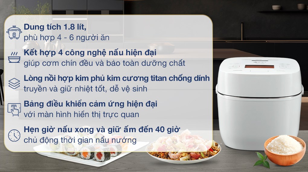 Nồi cơm áp suất điện tử 1,8L Toshiba RC-18VXWVN(W)