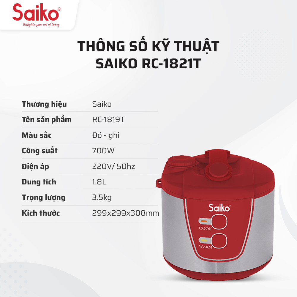 Nồi cơm điện cơ 1.8L Saiko RC-1819