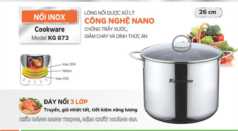 Nồi inox 3 đáy 26cm Kangaroo KG873